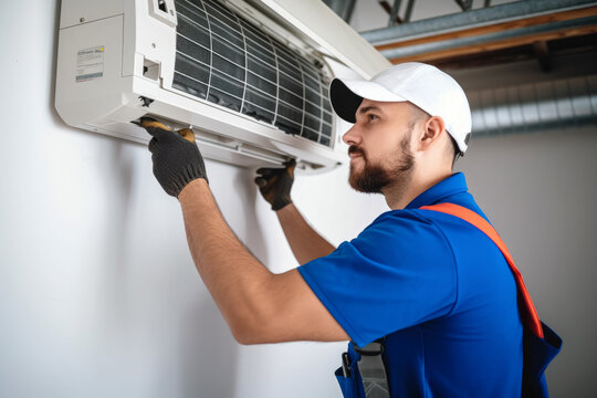 HVAC technician installing a mini split air conditioner in Belmont