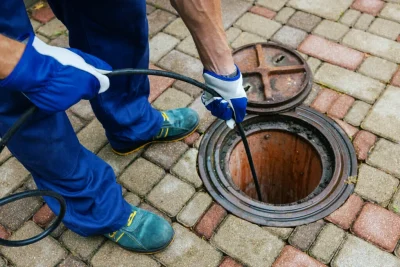 Plumber cleaning an outdoor sewer drain in Belmont