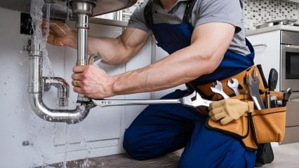 Plumber repairing pipes beneath a sink in Belmont